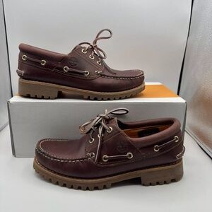 Timberland 3 Eye Boat Shoes Mens 7 M Burgundy Leather Lug Sole Hand Sewn